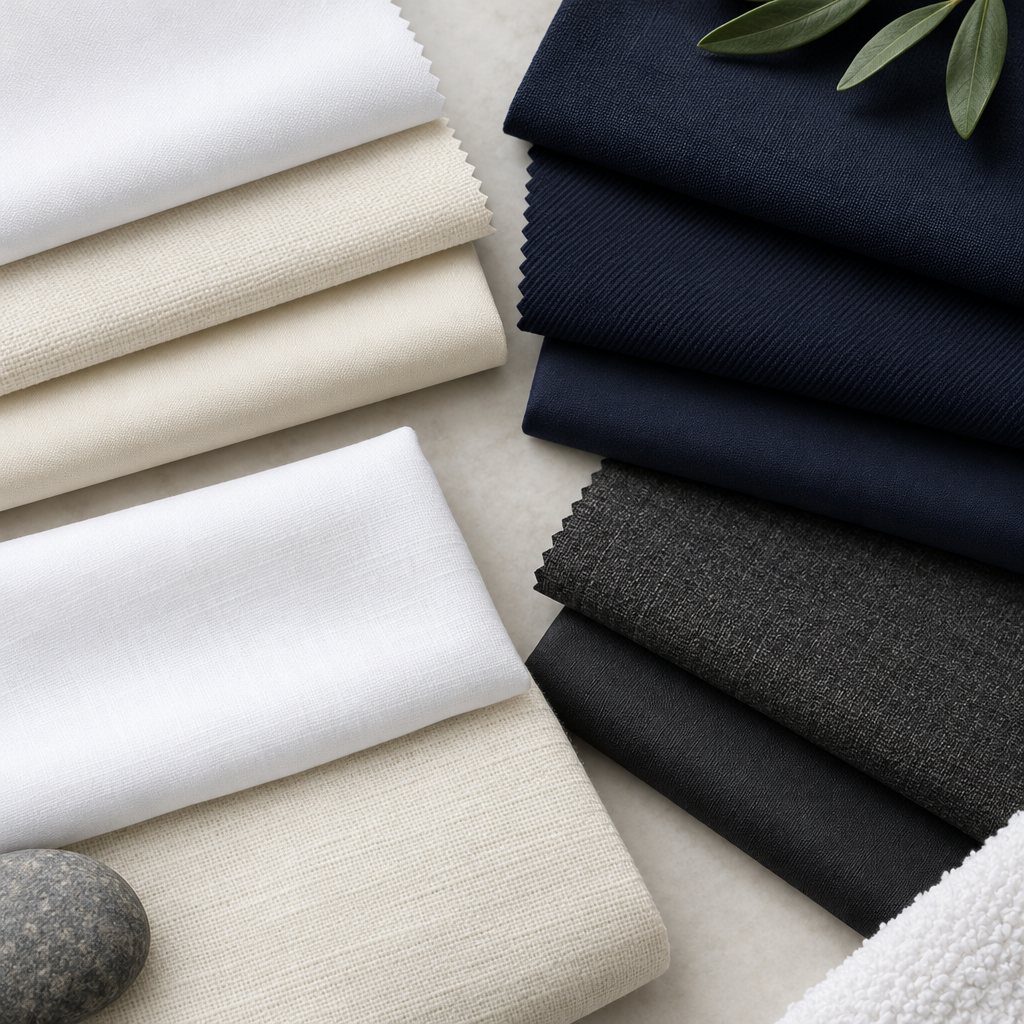Hotellerie-Uniformen aus drei Hauptstoffen: Rezeptionsjacke aus weißer gekämmter Baumwolle, Kochjacke aus 65 % Baumwolle 35 % Polyester Mischgewebe und Reinigungshose aus waschbeständigem Polyester für gewerbliche Wäscherei