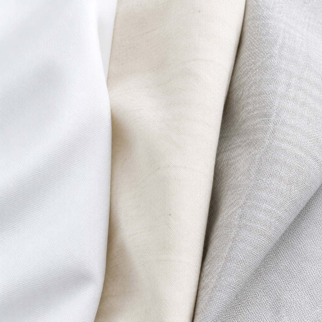 Hospitality uniforms in three principal fabrics: white combed cotton front desk jacket, 65% cotton 35% polyester blend chef's jacket and polyester housekeeping trousers resistant to commercial laundering