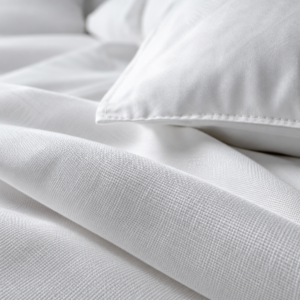Weiße Hotelbettwäsche aus gekämmter Baumwolle mit 300 TC Fadenzahl gefaltet auf Vier-Sterne-Hotelbett mit Kissen in Perkal-Kissenbezug und tadelloser Präsentation