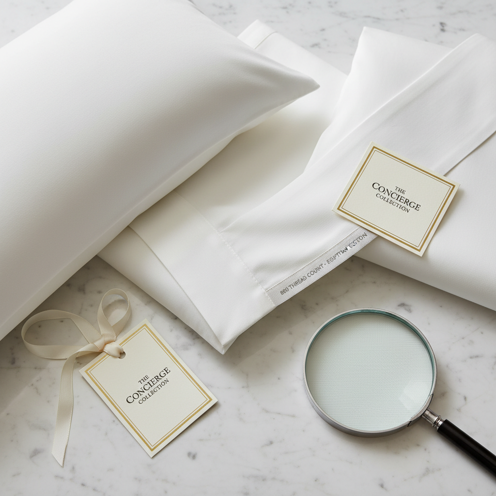 Federe bianche in cotone percalle su letto d'hotel perfettamente rifatto con cuscini ben sistemati