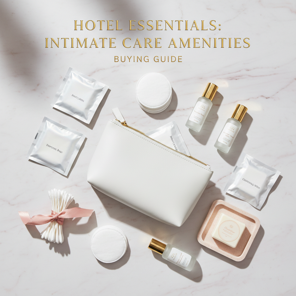 Feminine hygiene kit for hotel in a discreet, elegant bag on a quality hotel bathroom surface