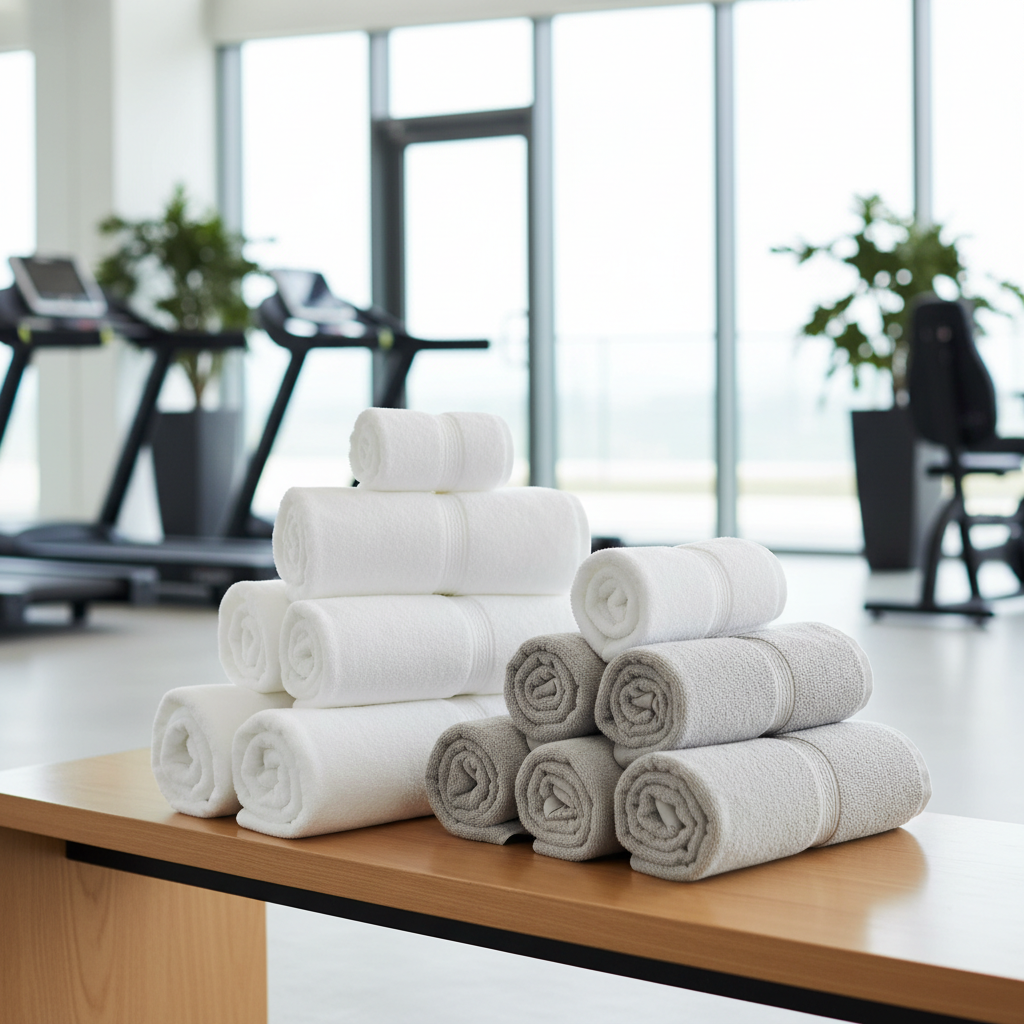 Fitnesshandtücher für Hotels aus grauer Frottierbaumwolle gestapelt im Fitnessbereich eines Hotels mit Cardiogeräten im Hintergrund