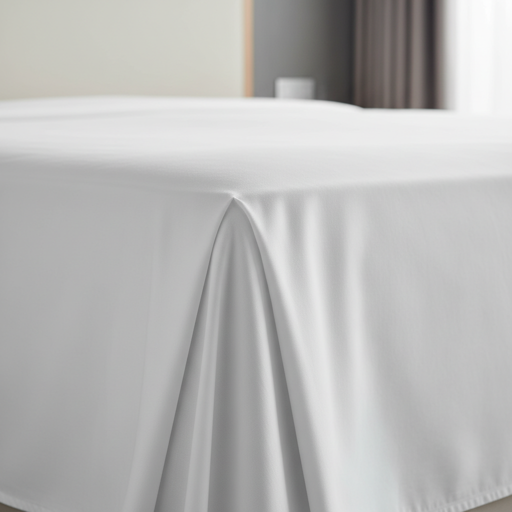 Lenzuolo con angoli per hotel in percalle di cotone bianco con elastico perimetrale completo e tasca profonda di 40 cm adattato su materasso alberghiero con topper