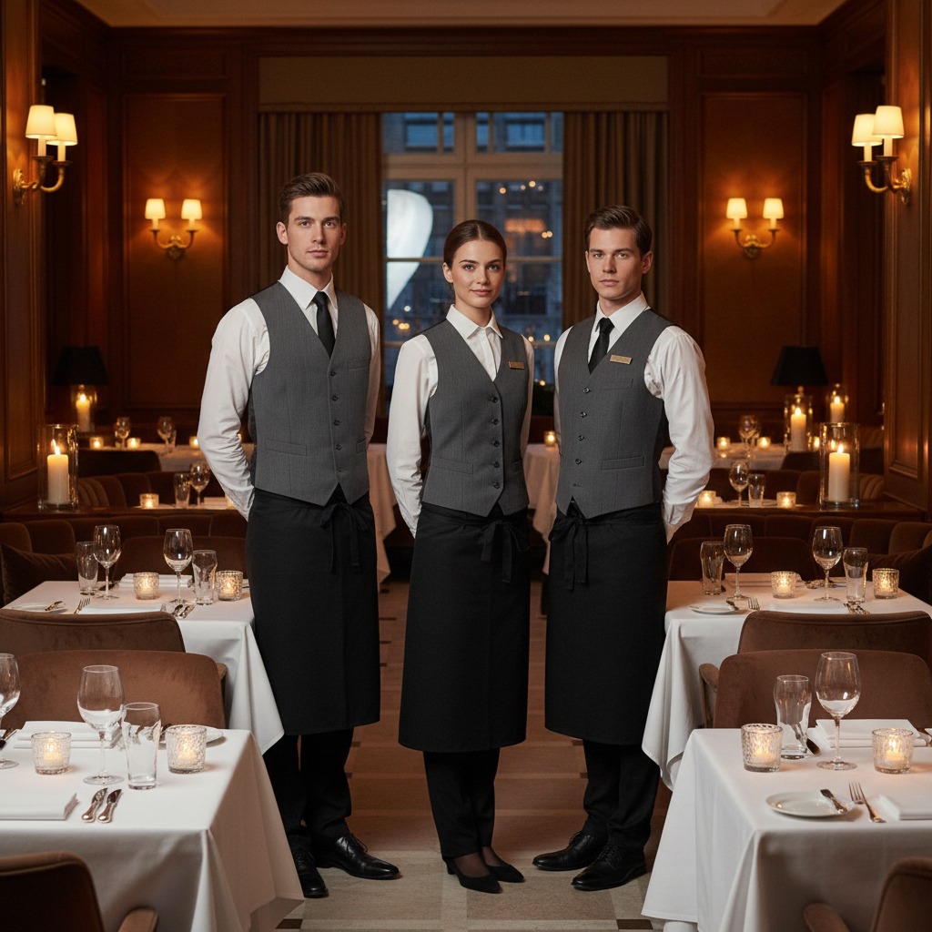 Hotel restaurant front of house team in coordinated uniform: white shirt, black waistcoat and waist apron during service