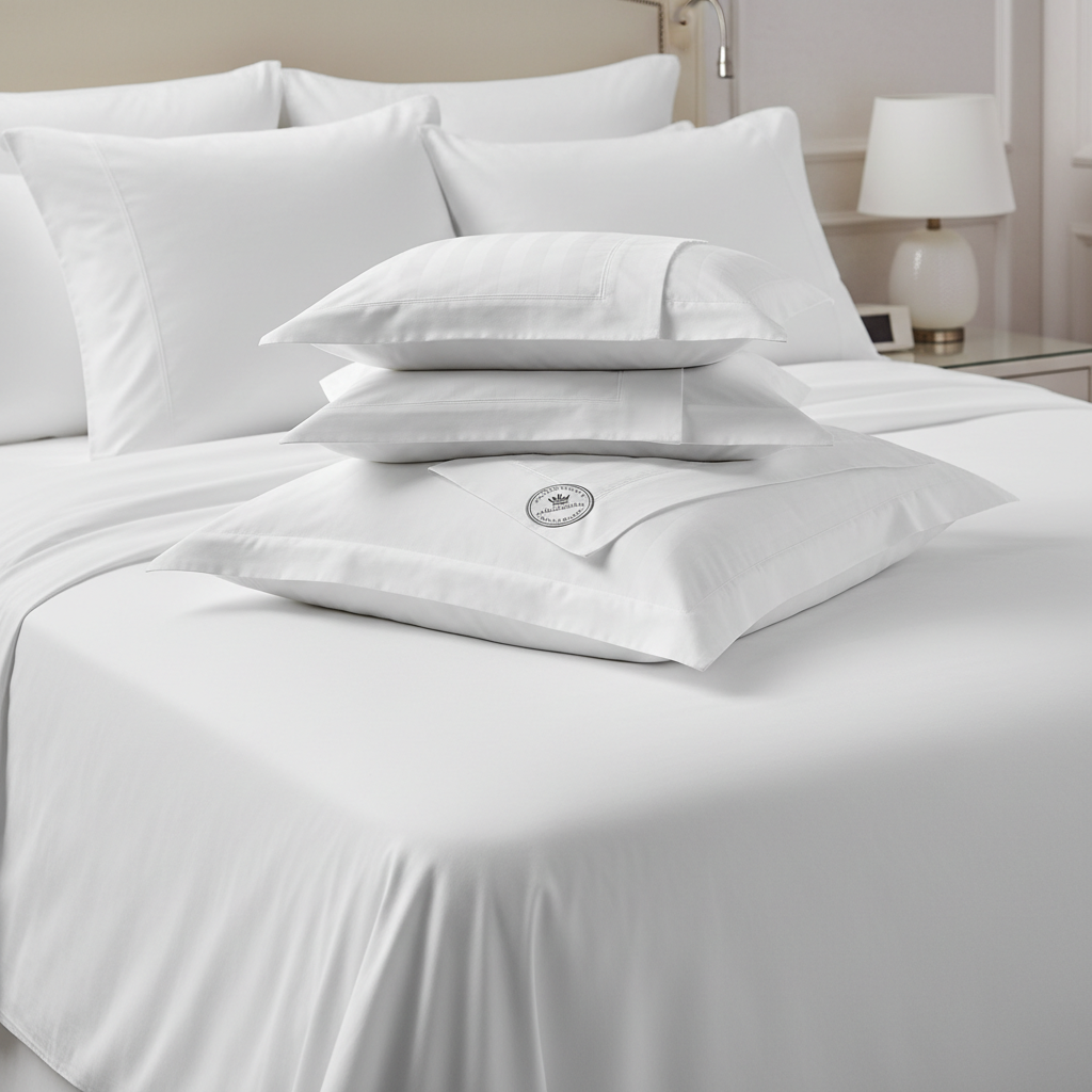 Fundas de almohada blancas de algodón percal sobre cama de hotel perfectamente hecha con almohadas bien ajustadas