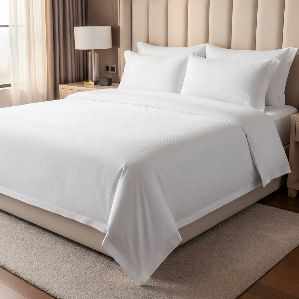 Funda nórdica en percal de algodón blanco perfectamente estirada sobre cama de habitación hotelera de categoría