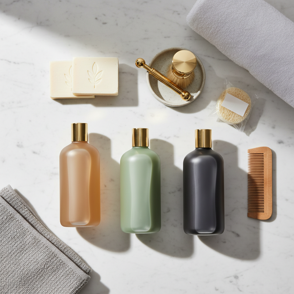 Gel douche pour hôtel en tube individuel et distributeur mural présentés dans la salle de bain d'une chambre hôtelière