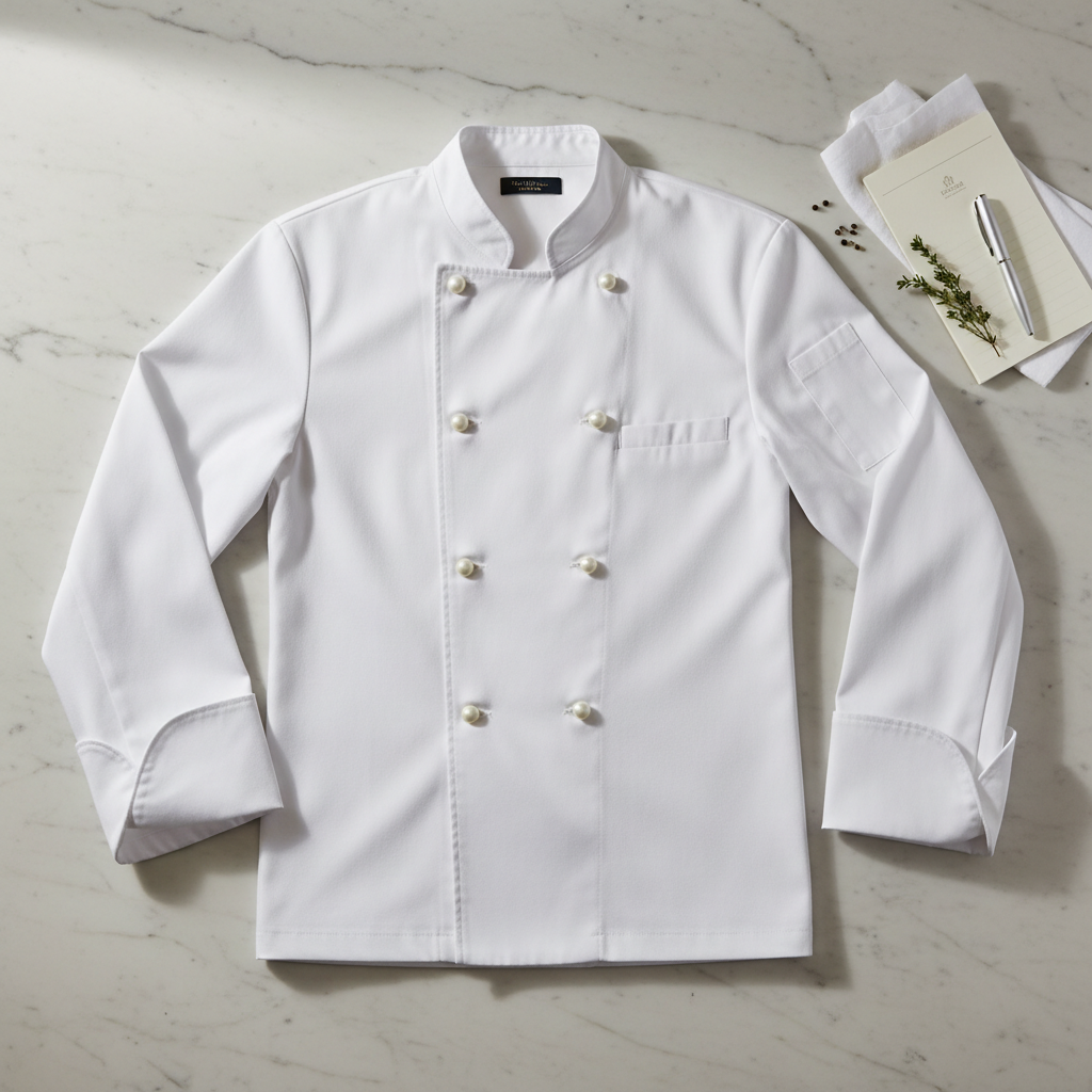 Brigata di cucina professionale in giacche da cuoco bianche a doppio petto in un ristorante alberghiero