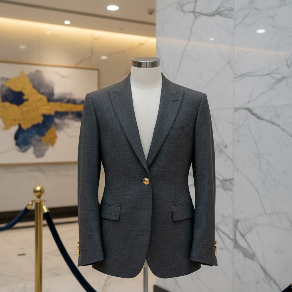  Receptionist di hotel in blazer aziendale blu navy con logo ricamato al bancone della reception