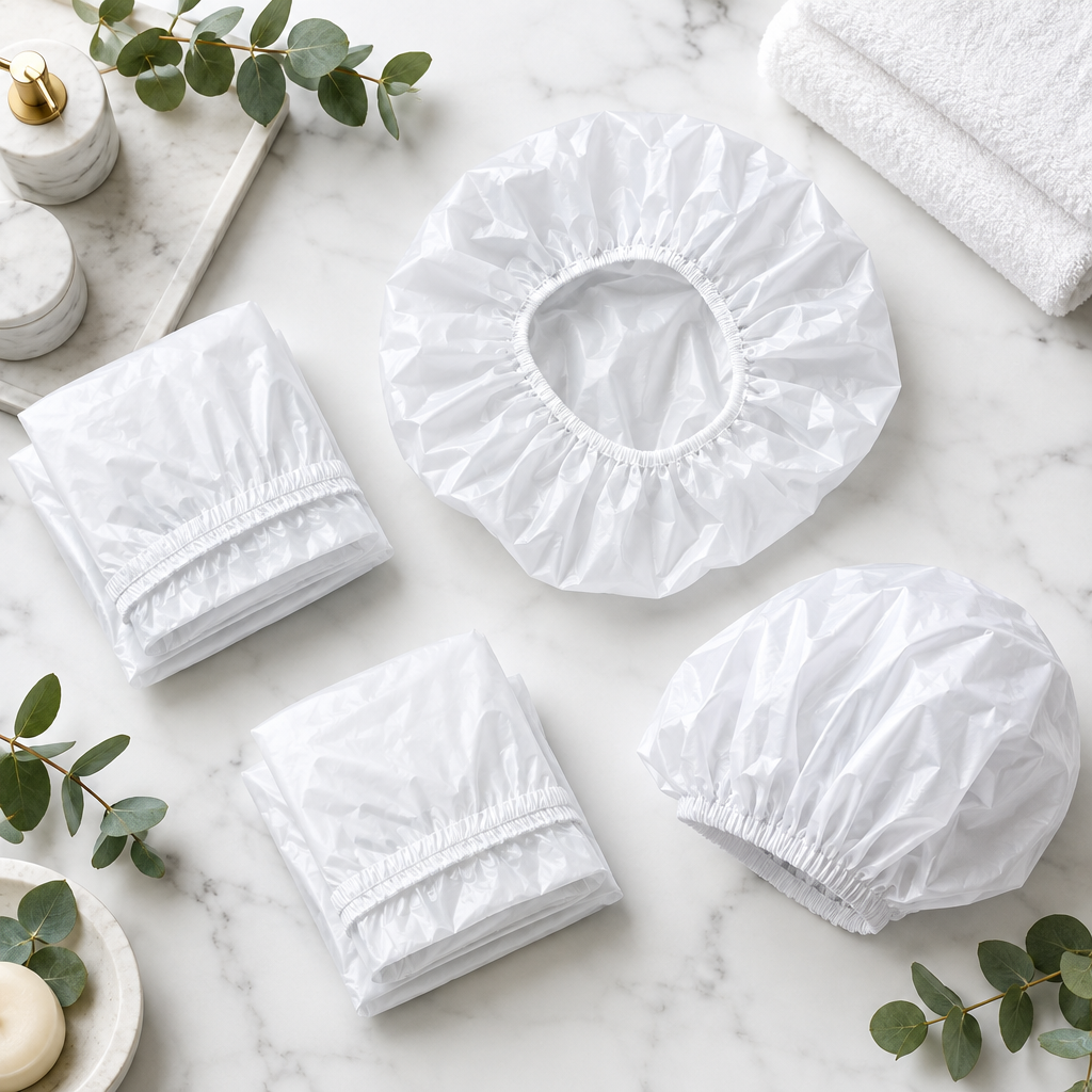 Gorro de ducha para hotel en EVA blanco desplegado sobre encimera de baño hotelero junto a amenities de baño: gel, champú y jabón en pequeño formato