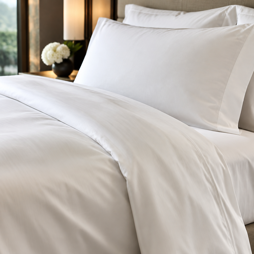 Sábanas de hotel blancas apiladas ordenadas por gramaje: de 120 g/m² a 200 g/m², con etiquetas de categoría hotelera de una a cinco estrellas