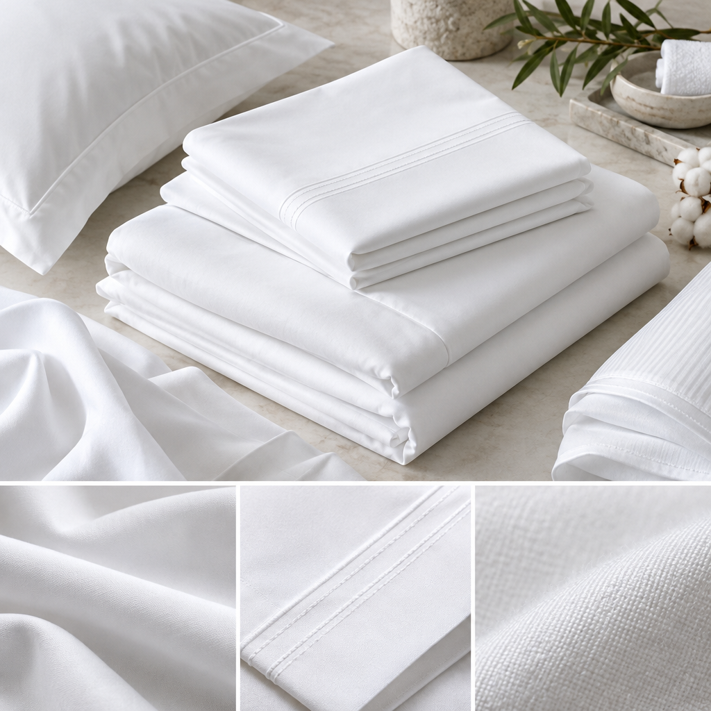 Draps d'hôtel blancs empilés par grammage de 120 g/m² à 200 g/m², avec étiquettes de catégorie hôtelière d'une à cinq étoiles en blanchisserie professionnelle