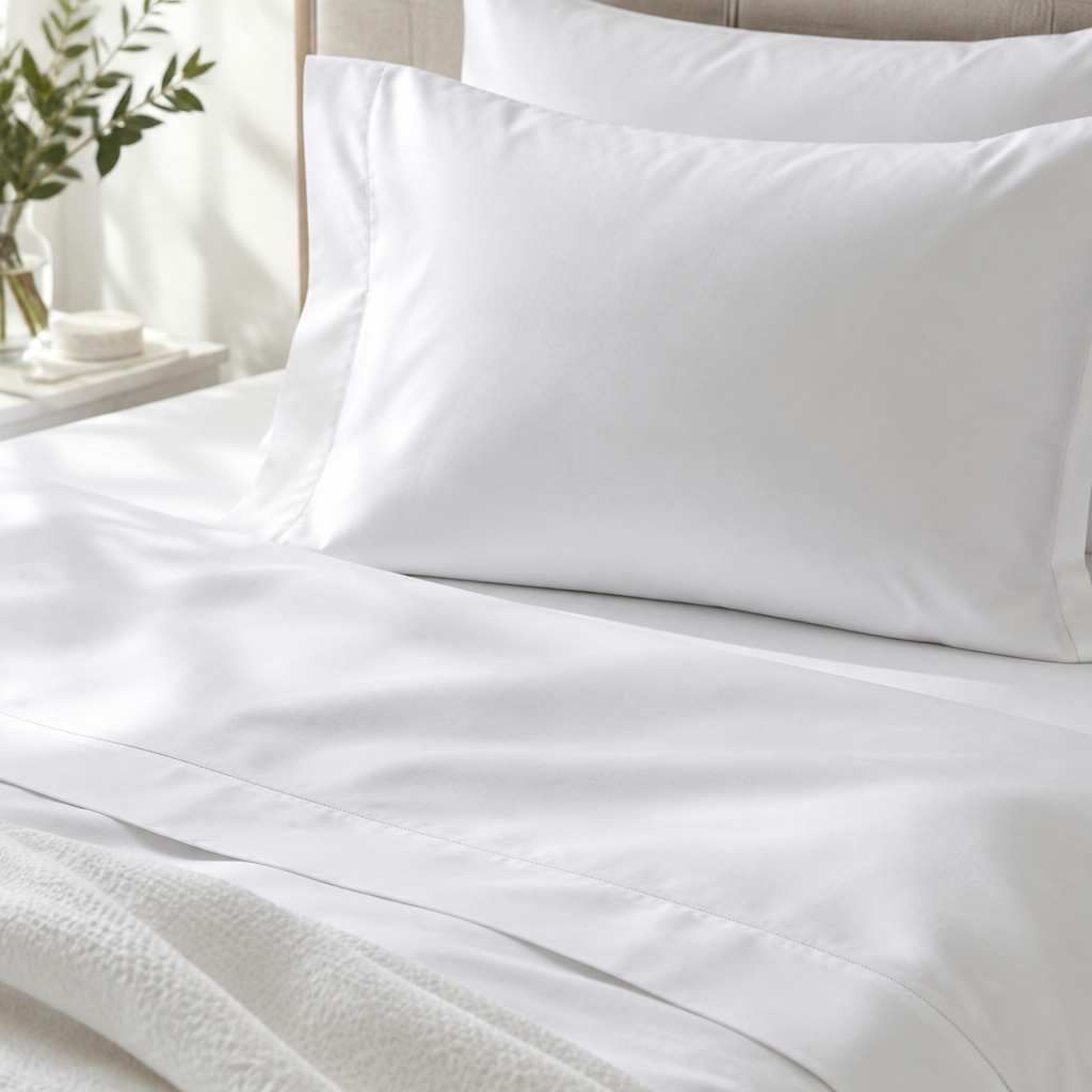 Weiße Hotelbettwäsche nach Grammatur gestapelt von 120 g/m² bis 200 g/m², mit Kategoriebezeichnungen von einem bis fünf Sternen in einer gewerblichen Hotelwäscherei