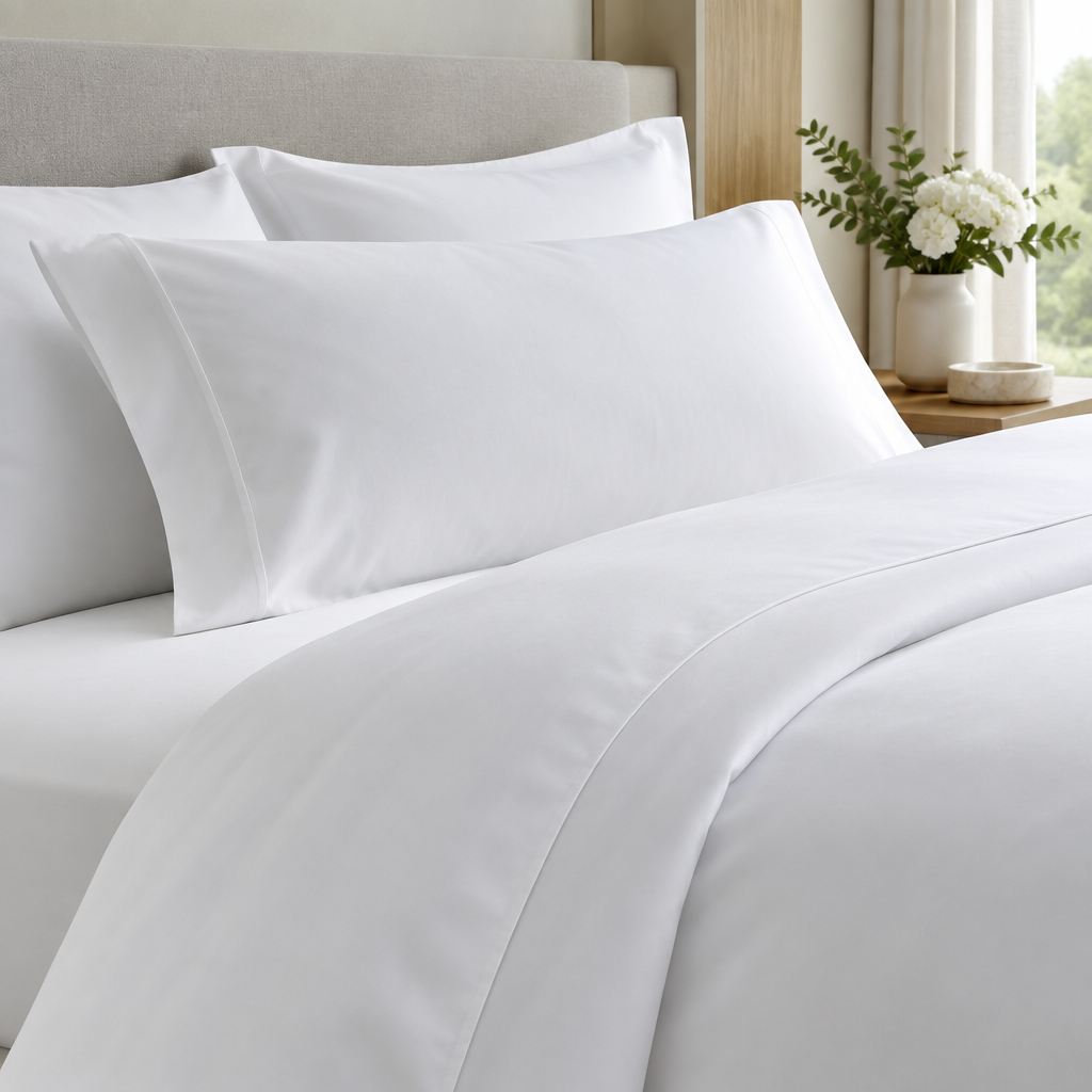 Biancheria da letto bianca per hotel impilata per grammatura da 120 g/m² a 200 g/m², con etichette di categoria da una a cinque stelle in una lavanderia alberghiera professionale