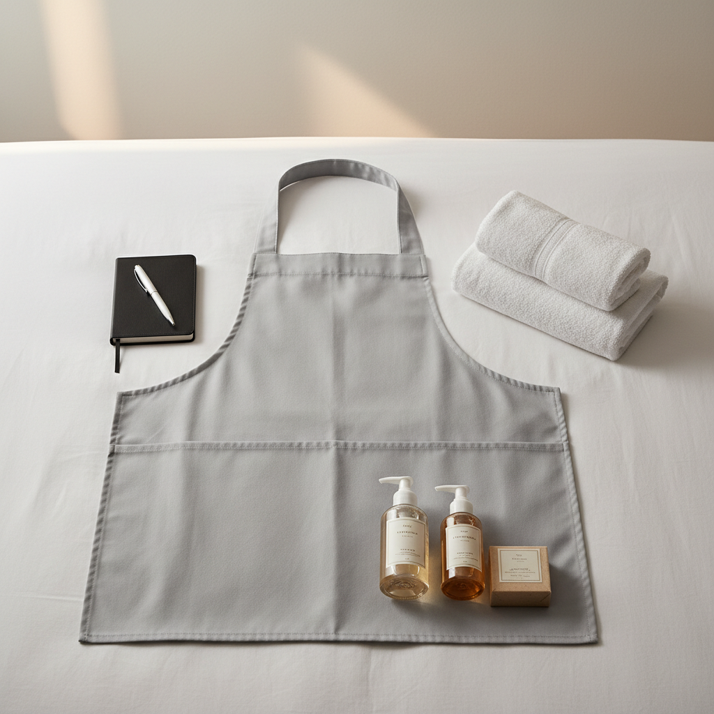 Cameriera ai piani con grembiule housekeeping a molteplici tasche durante la pulizia di una camera d'hotel