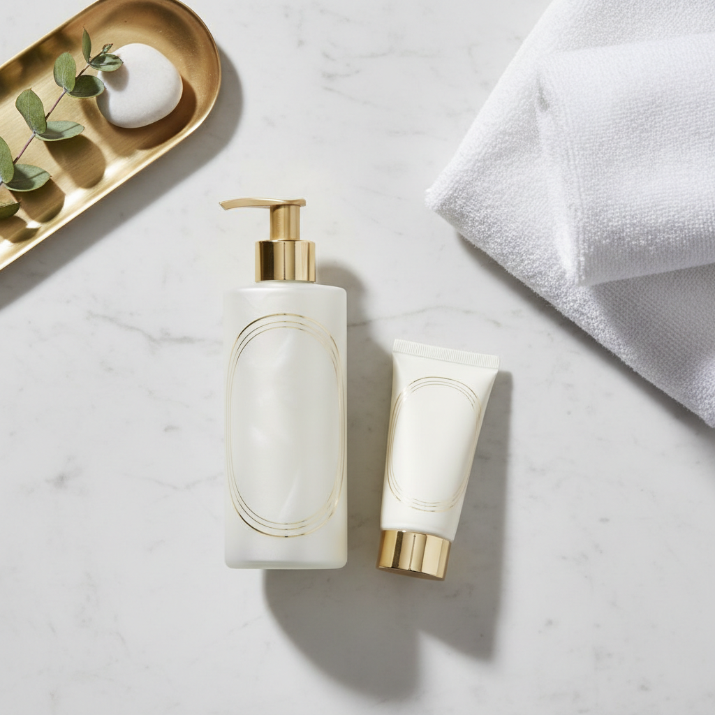 Vollständiges Hotel-Amenity-Sortiment in koordinierter Linie: Shampoo, Haarspülung und Duschgel vom gleichen Anbieter für Markenkohärenz
