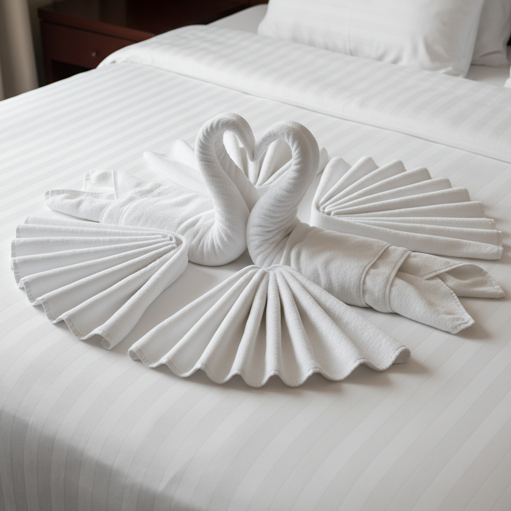 Perfekt gefaltete Hotelhandtücher in Standard-Rechteckfaltung auf Stangenhandtuchhalter im Badezimmer eines Kategoriehotelzimmers