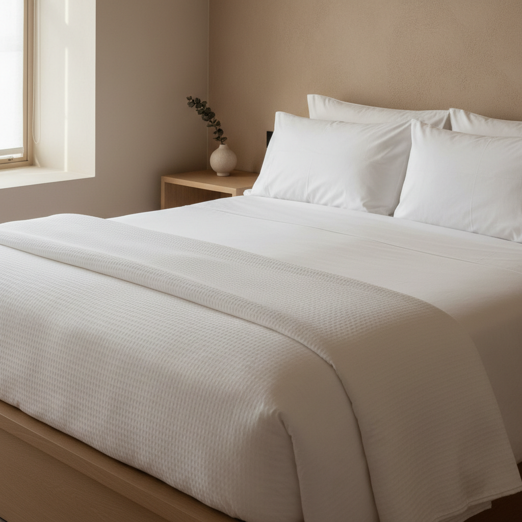 Holiday let bed with crisp white bed linen and modern design in a self-catering property