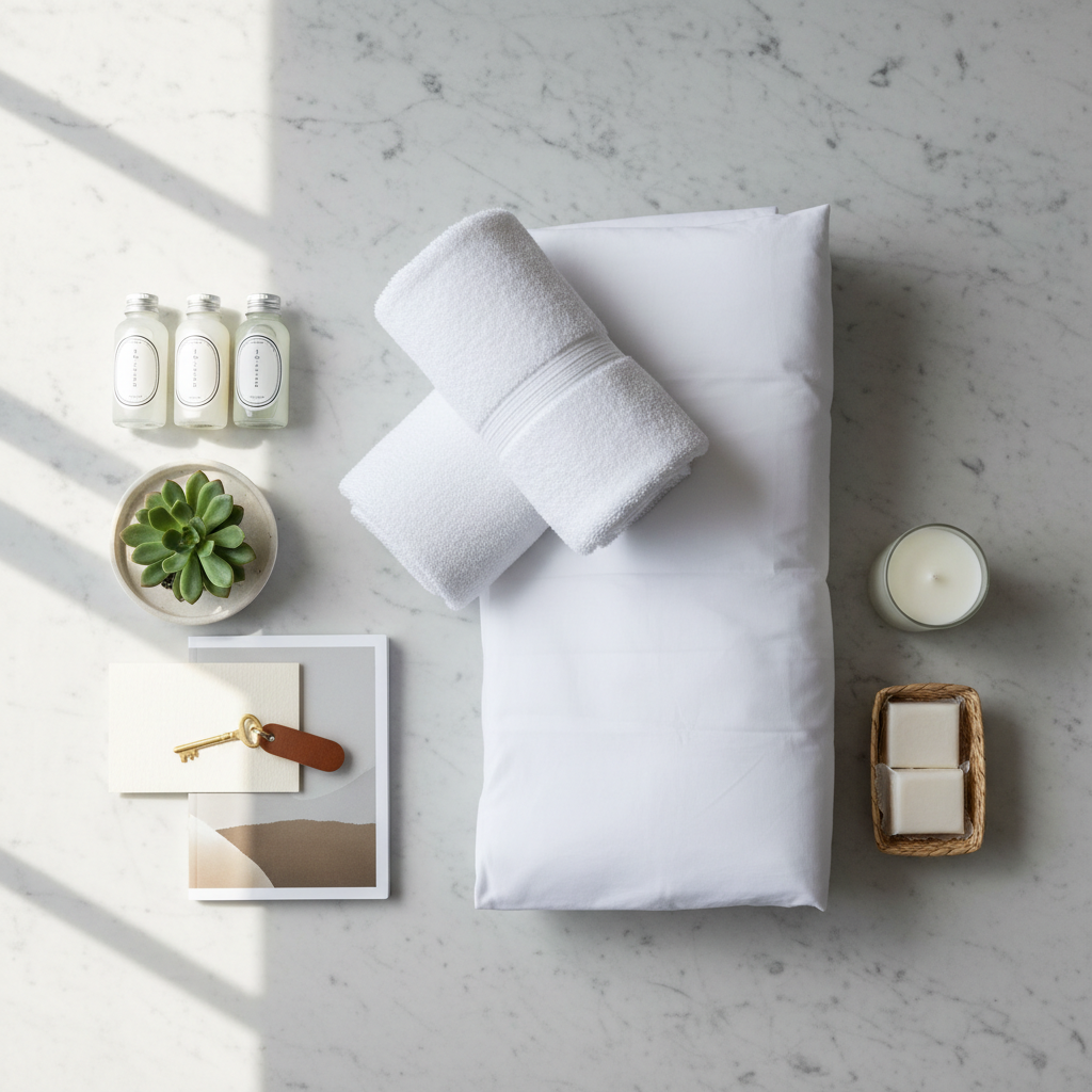 Holiday let welcome pack presented on a wooden tray: personalised note, bathroom toiletries in travel size, coffee and welcome snack