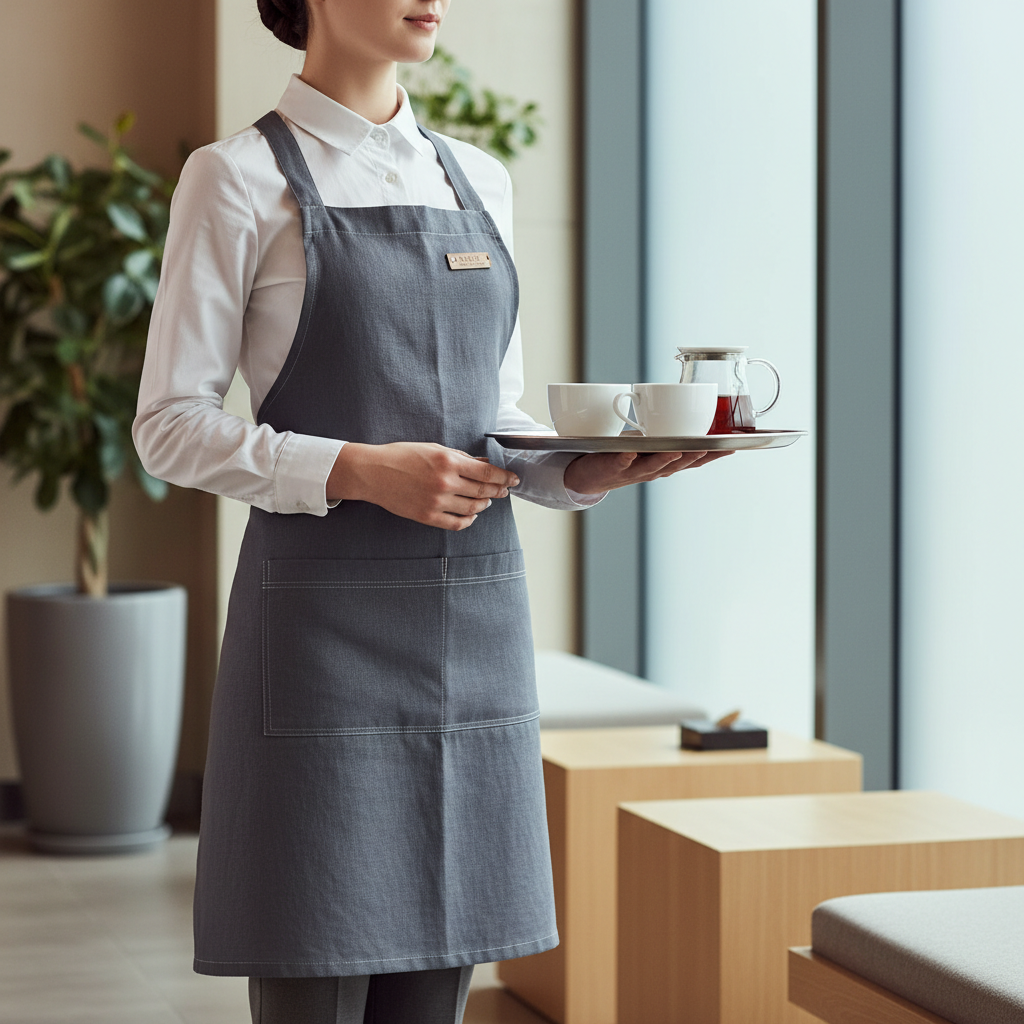Professional hospitality aprons in black cotton for front-of-house server and chef in a hotel restaurant