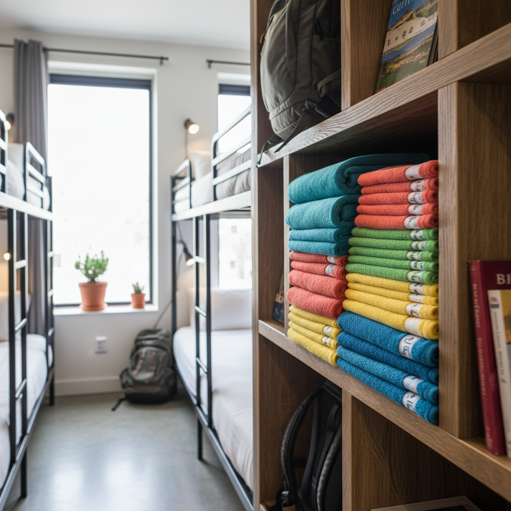 Hostel towels in cotton stacked at reception with a loan or deposit system