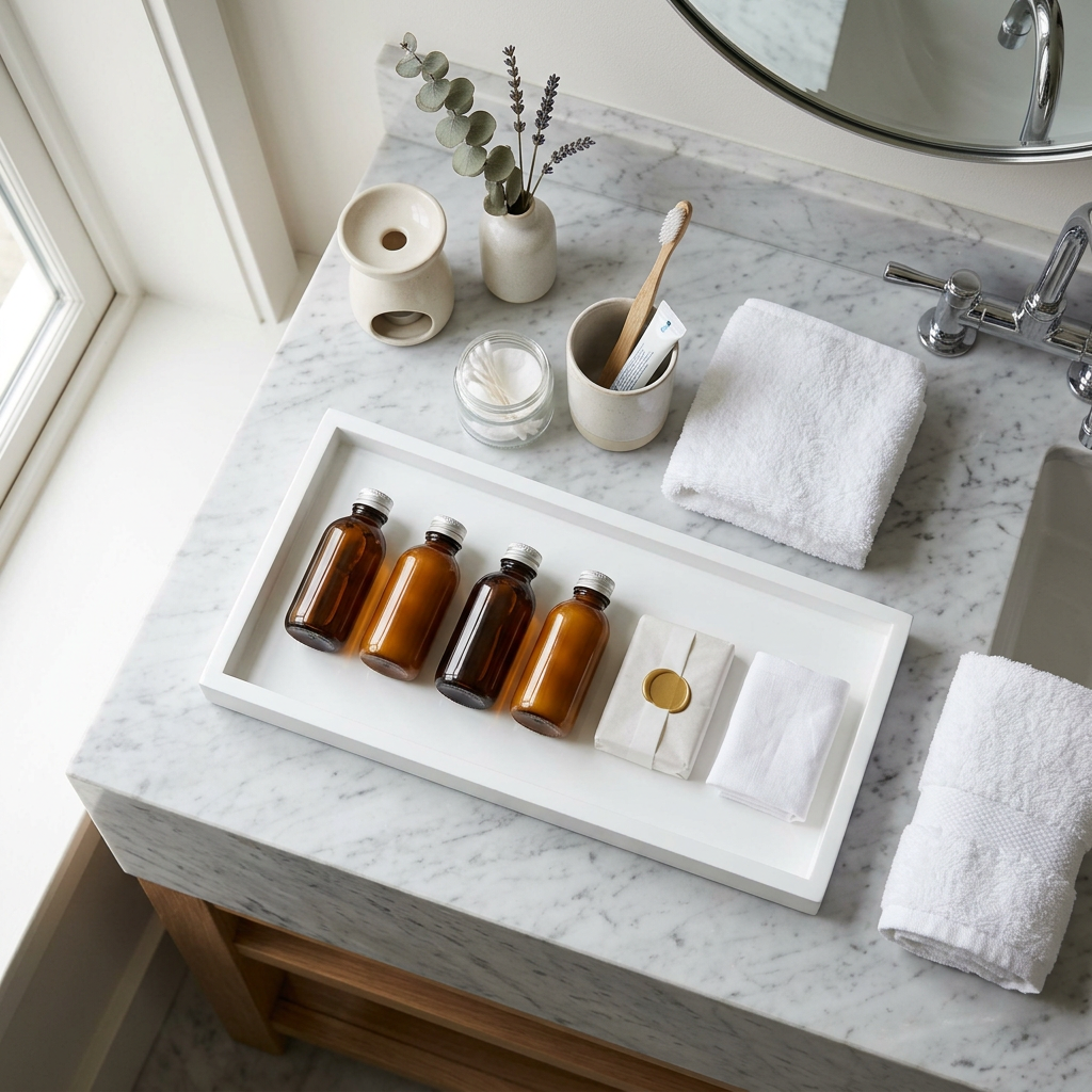 Salle de bain d'hôtel 4 étoiles avec amenities de toilette disposés sur un plateau : gel douche, shampooing, après-shampooing et lotion corporelle en format monodose alignés à côté d'un savon de toilette et d'un bonnet de douche