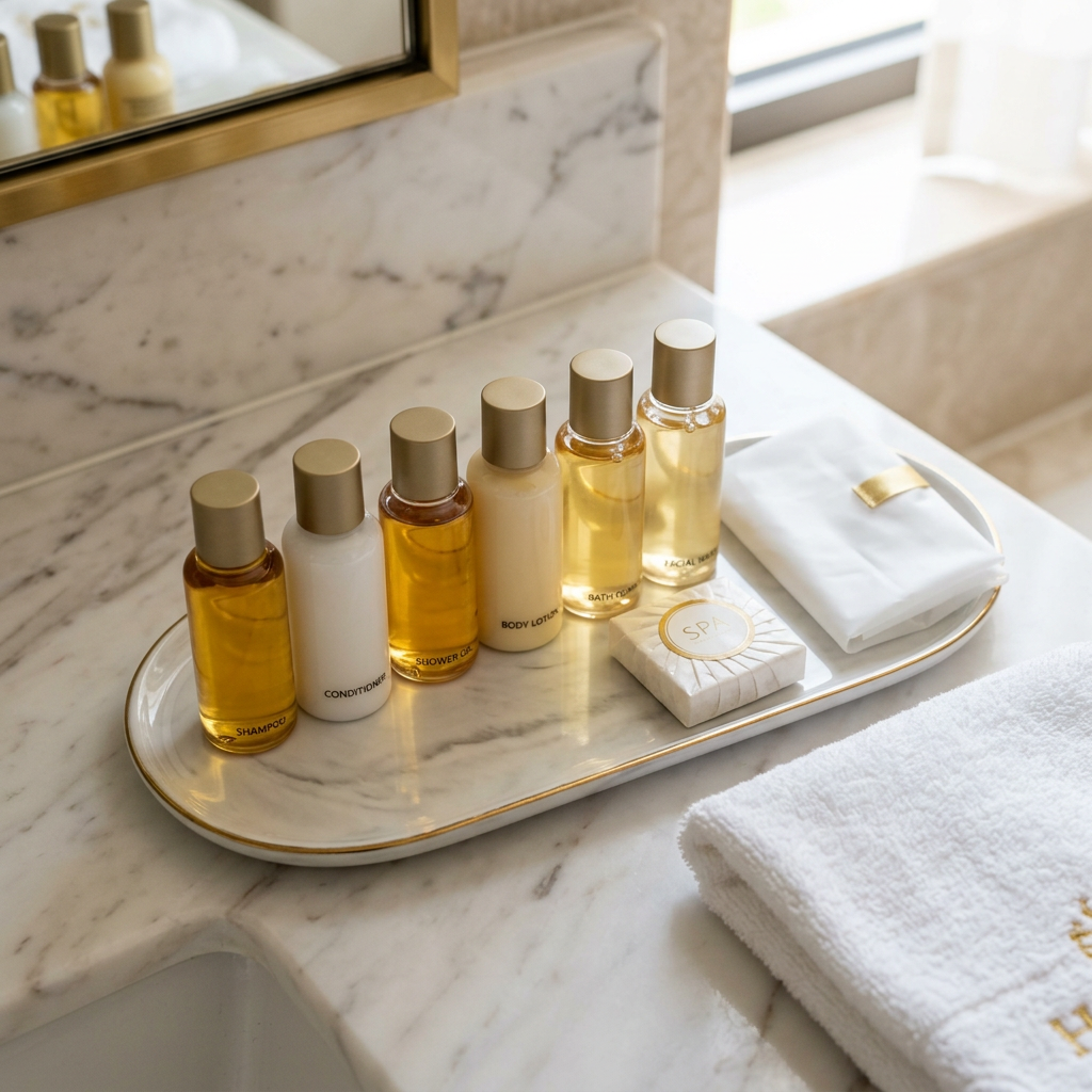 Bagno di hotel 4 stelle con amenities da toilette disposti su un vassoio: gel doccia, shampoo, balsamo e lozione corpo in formato monodose allineati accanto a sapone da toilette e cuffia da doccia