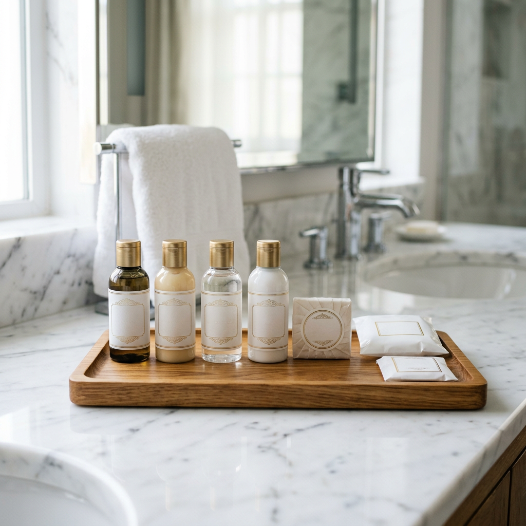 Dotación completa de amenities de hotel sobre la encimera de un baño de hotel 5 estrellas: jabón, champú, acondicionador, gel de ducha y loción corporal en botellitas individuales con packaging blanco y dorado.
