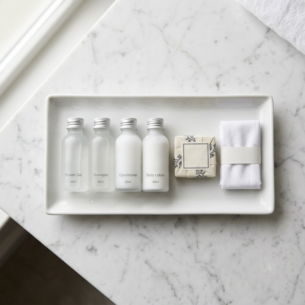 Baño de hotel de 4 estrellas con amenities de tocador ordenados sobre una bandeja: gel de ducha, champú, acondicionador y loción corporal en formato monodosis alineados junto a jabón de tocador y gorro de ducha