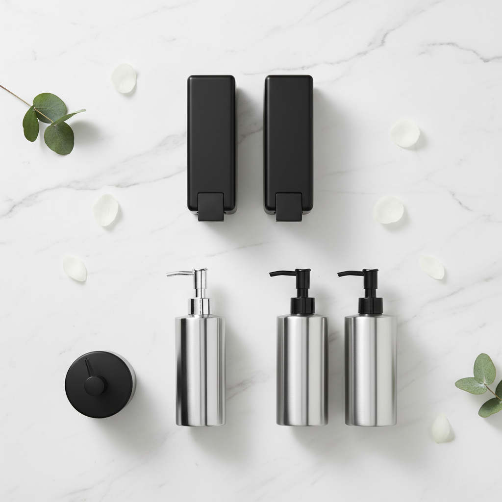 Stainless steel wall-mounted hotel amenity dispensers with shower gel, shampoo and conditioner installed in the shower of a category hotel room