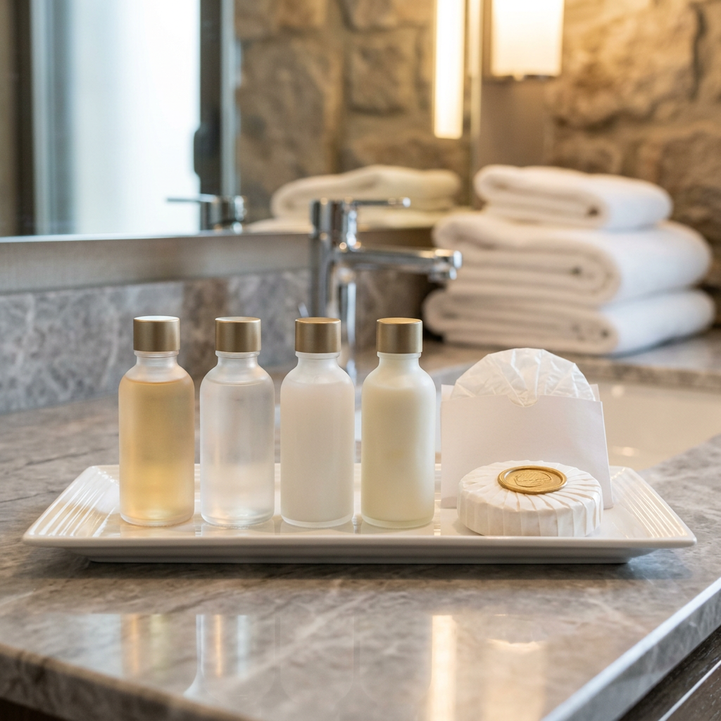 Badezimmer eines 4-Sterne-Hotels mit auf einem Tablett angeordneten Toilettenartikeln: Duschgel, Shampoo, Pflegespülung und Körperlotion als Einzeldosen, daneben Toilettenseife und Duschhaube