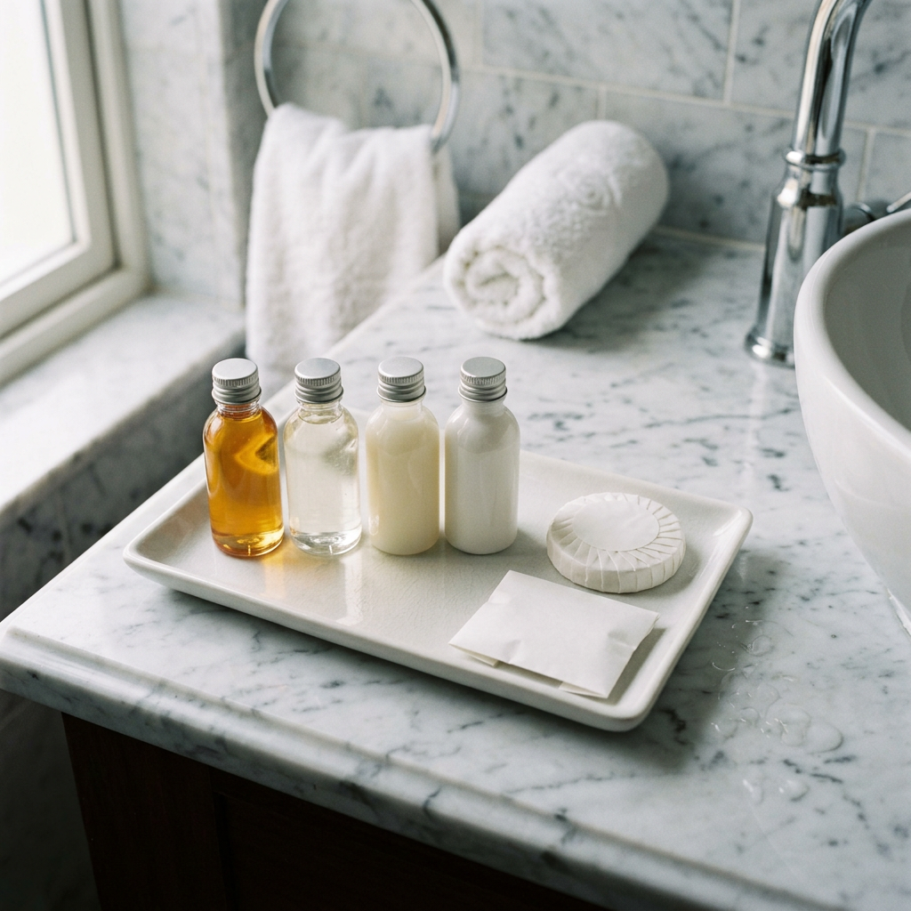 4-star hotel bathroom with toiletry amenities arranged on a tray: shower gel, shampoo, conditioner and body lotion in single-use format lined up alongside a toilet soap and shower cap