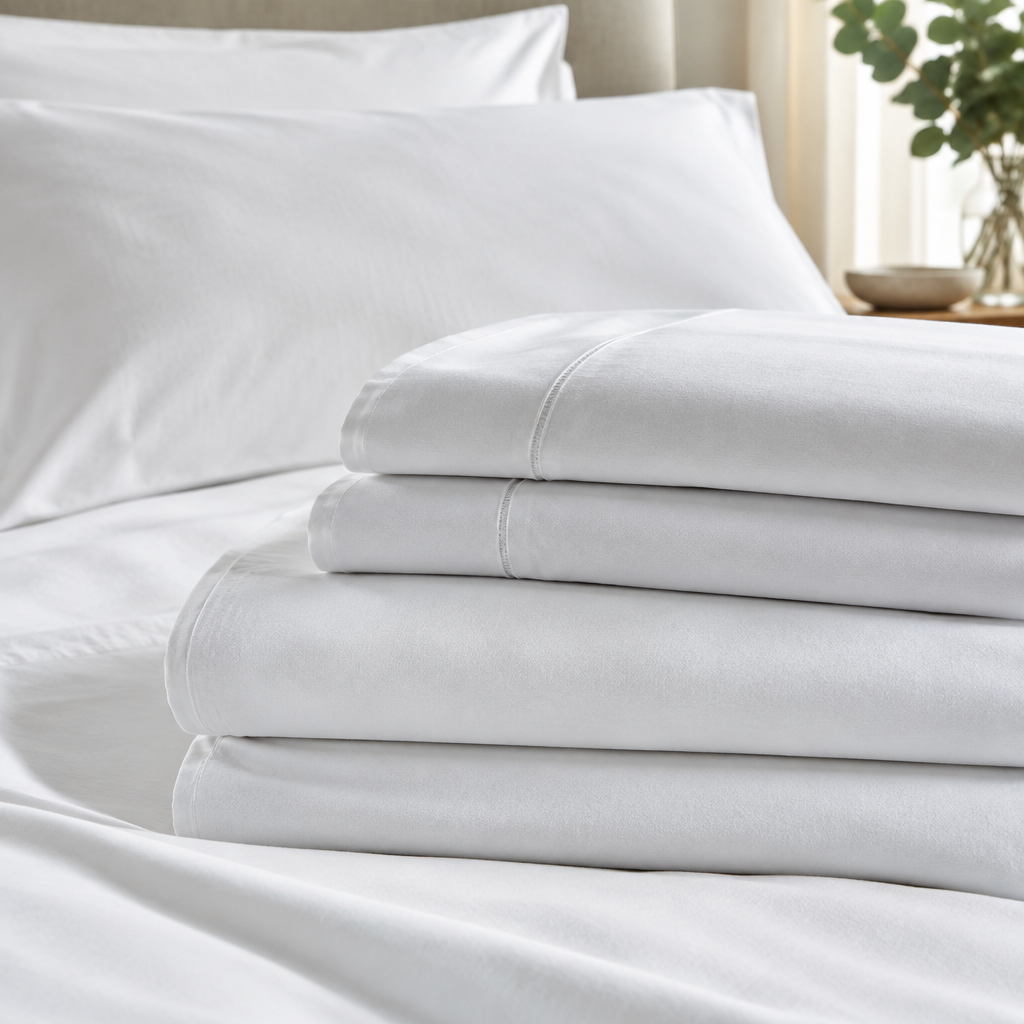 White hotel bed linen stacked by GSM from 120 gsm to 200 gsm, with category labels from one to five stars in a professional hotel laundry