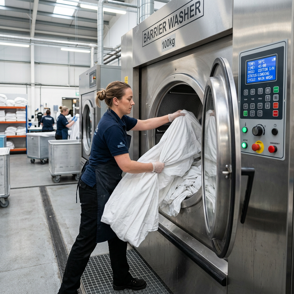 Laundry operative at a hotel commercial laundry loading white sheets into a large-capacity barrier washer, with temperature and programme controls visible on the machine panel