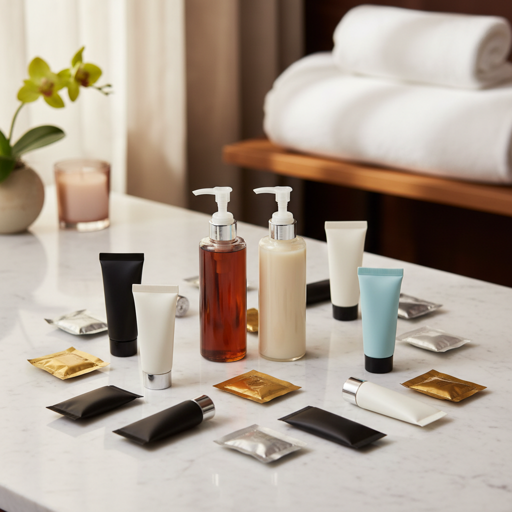 Hotel conditioner in individual tube and wall-mounted dispenser presented in a hotel room bathroom