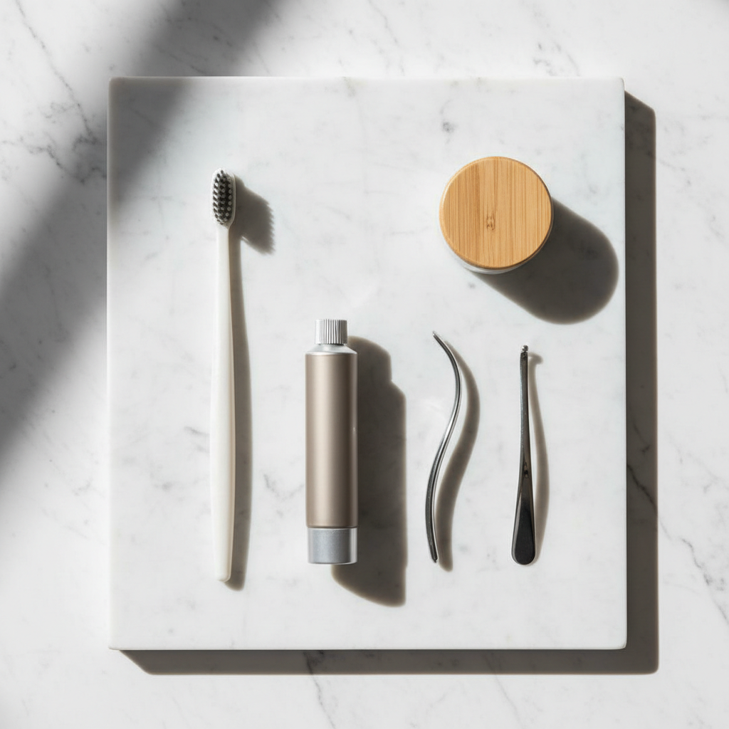 Kit dental para hotel en bolsa de celofán con cepillo de dientes suave individual y tubo de pasta de dientes de 15ml sobre encimera de baño hotelero