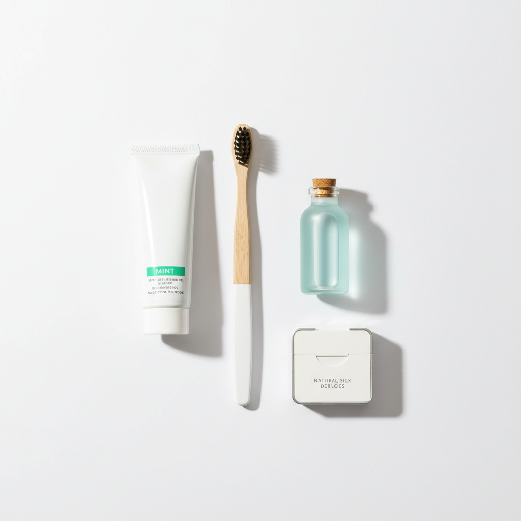 Kit dentaire pour hôtel dans un sachet cellophane avec brosse à dents souple individuelle et tube de dentifrice 15ml sur le plan de travail d'une salle de bain hôtelière