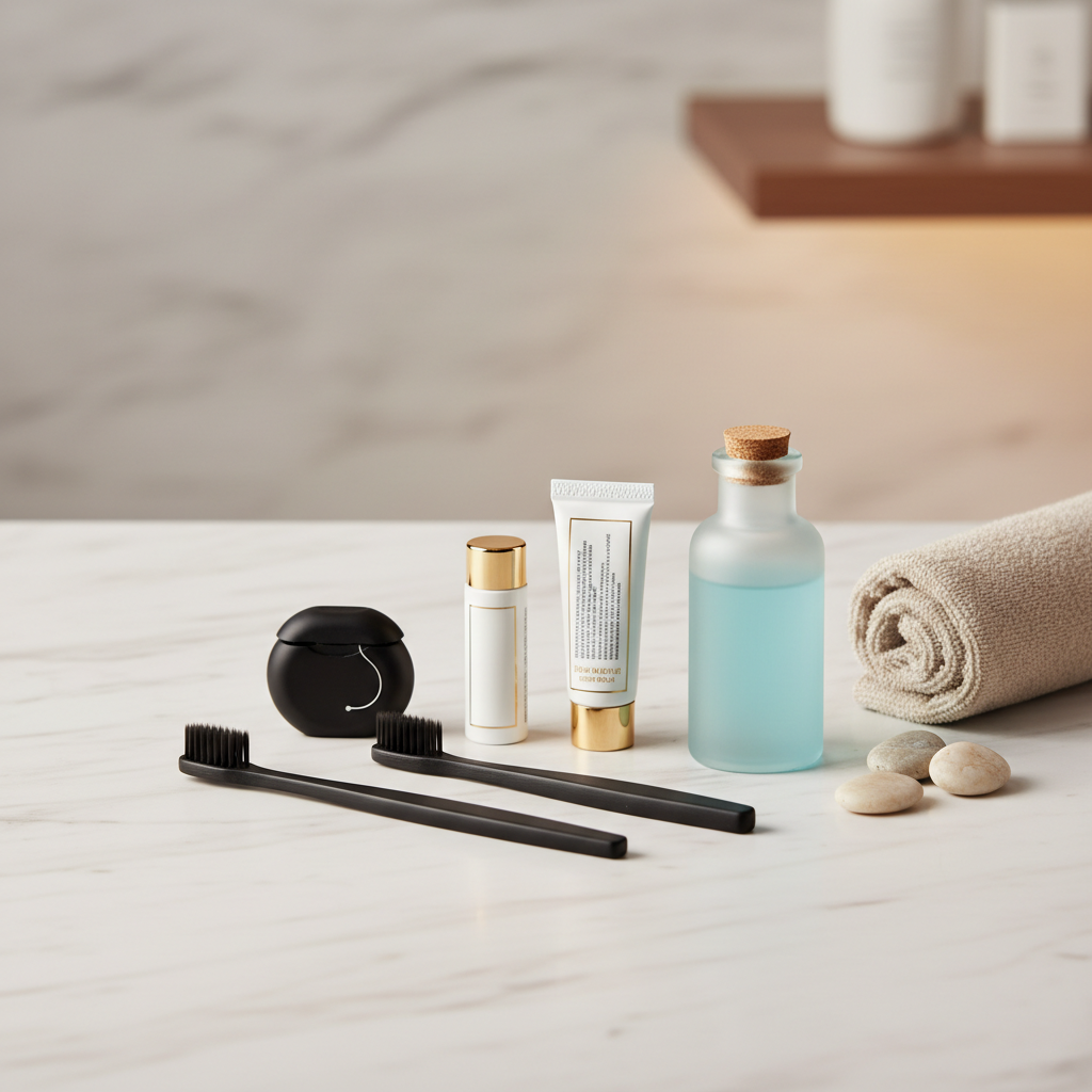 Kit dentale per hotel in sacchetto di cellophane con spazzolino morbido individuale e tubetto di dentifricio da 15ml sul piano del bagno alberghiero