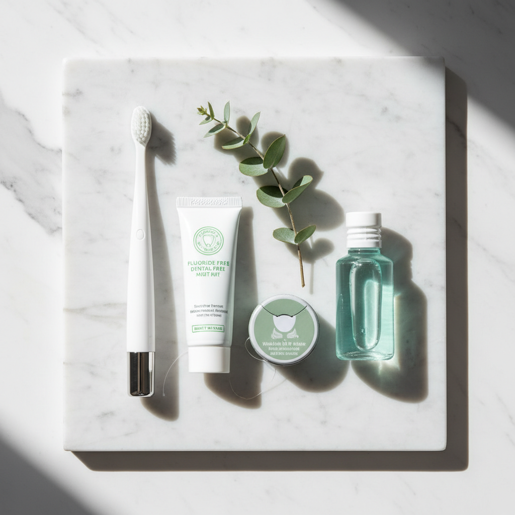 Hotel dental kit in a cellophane bag with individual soft toothbrush and 15ml toothpaste tube on a hotel bathroom worktop