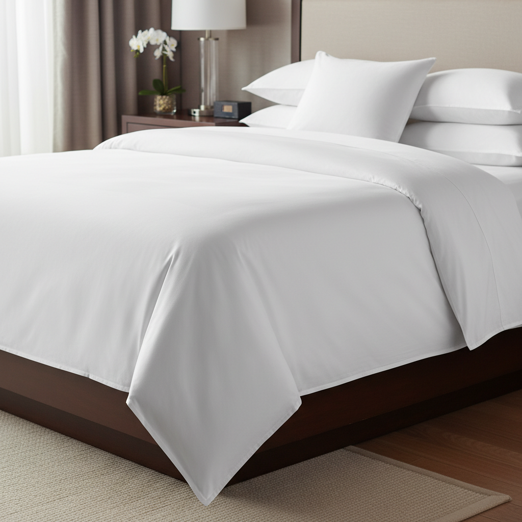 White percale cotton duvet cover perfectly stretched on the bed of a category hotel room