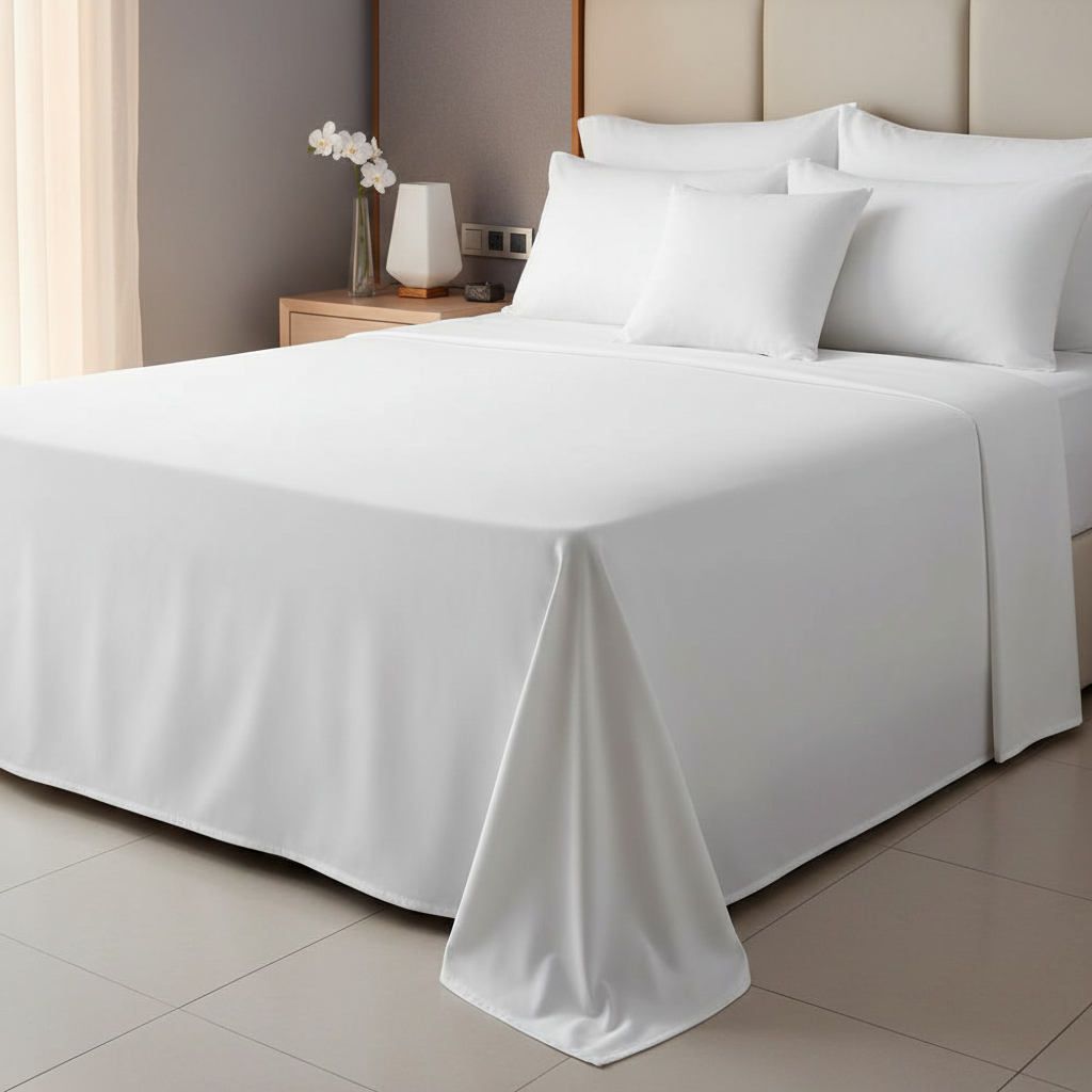 Hotel fitted sheet in white percale cotton with full perimeter elastic and 40 cm deep pocket fitted on a hotel mattress with topper