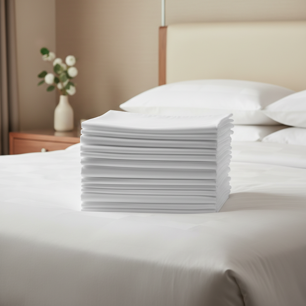  Hotel flat sheet in white percale cotton with drawn-thread hem on the bed of a category hotel room
