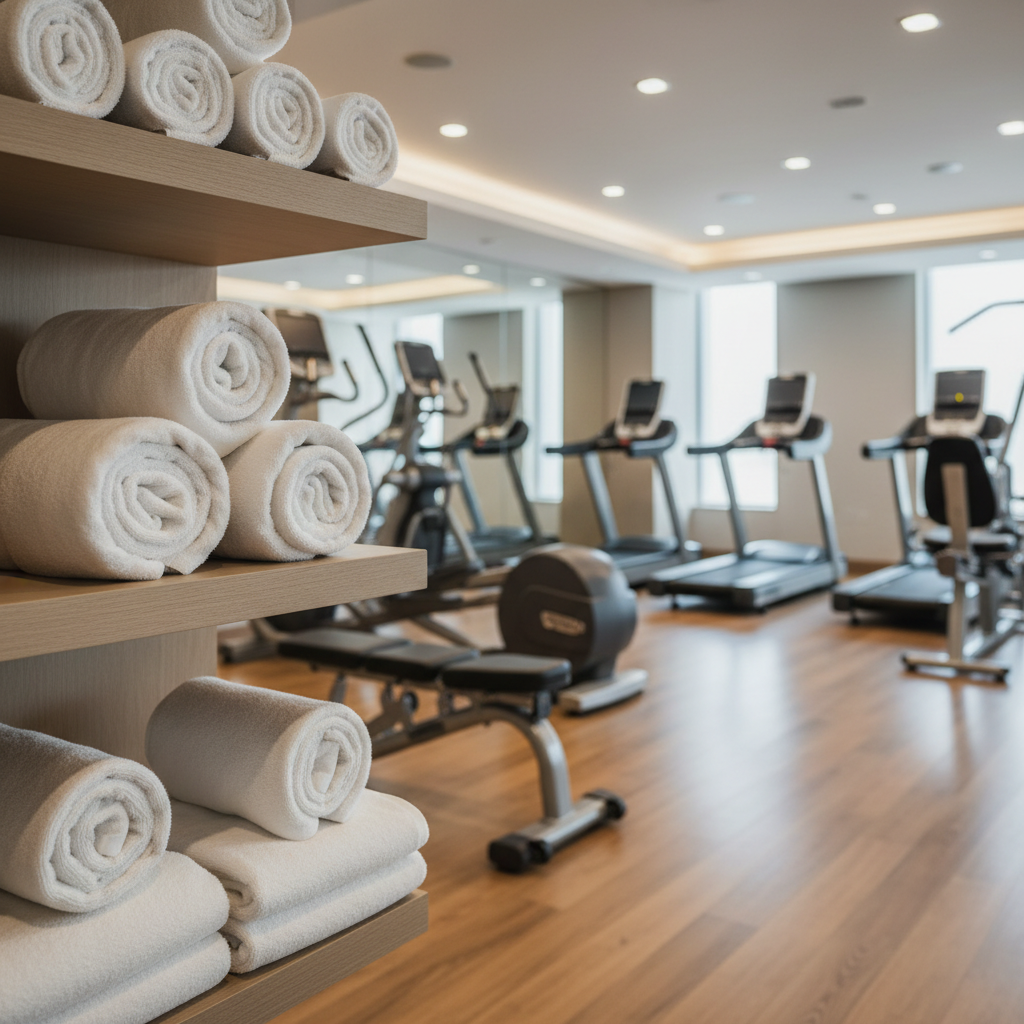Hotel gym towels in cotton stacked in a hotel fitness area with self-service dispenser