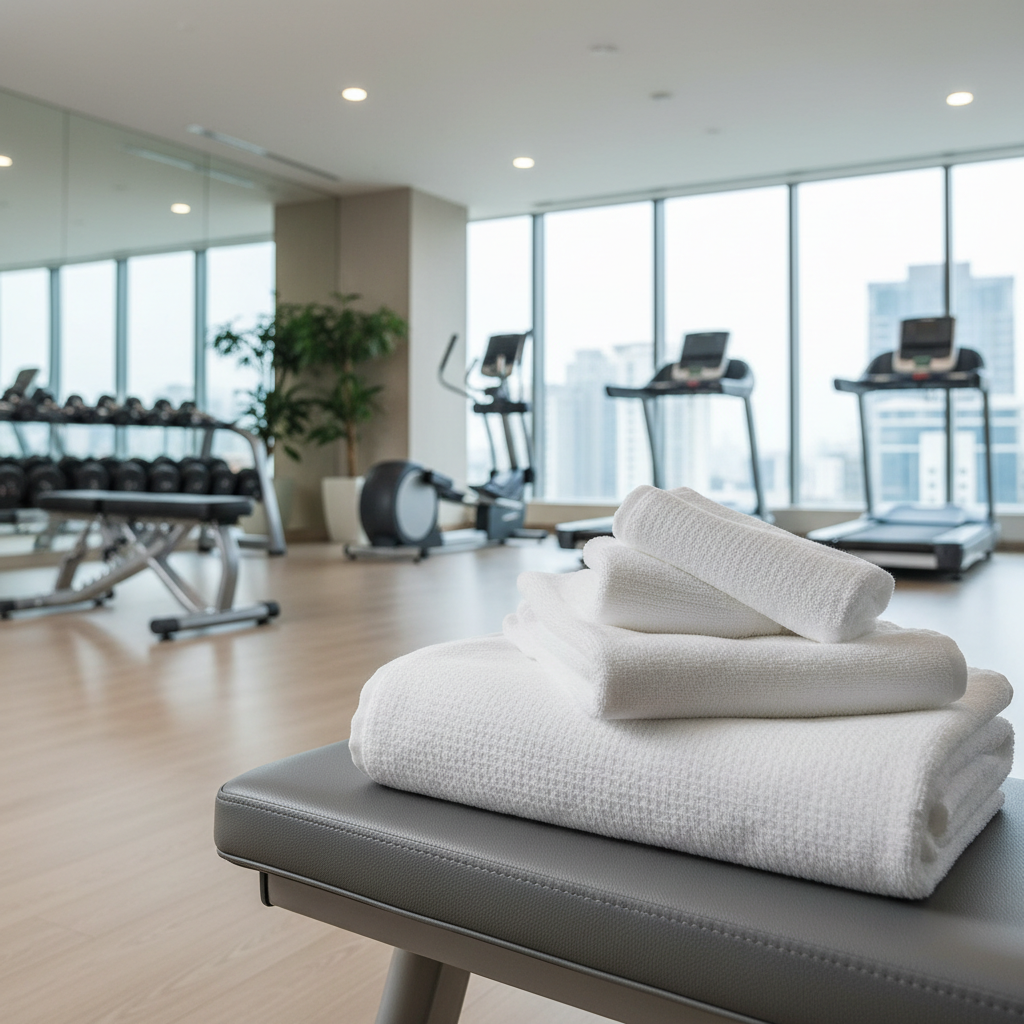 Hotel gym towels in cotton stacked in a hotel fitness area with self-service dispenser