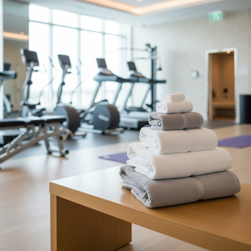 Asciugamani da palestra per hotel in cotone impilati nell'area fitness alberghiera con distributore self-service
