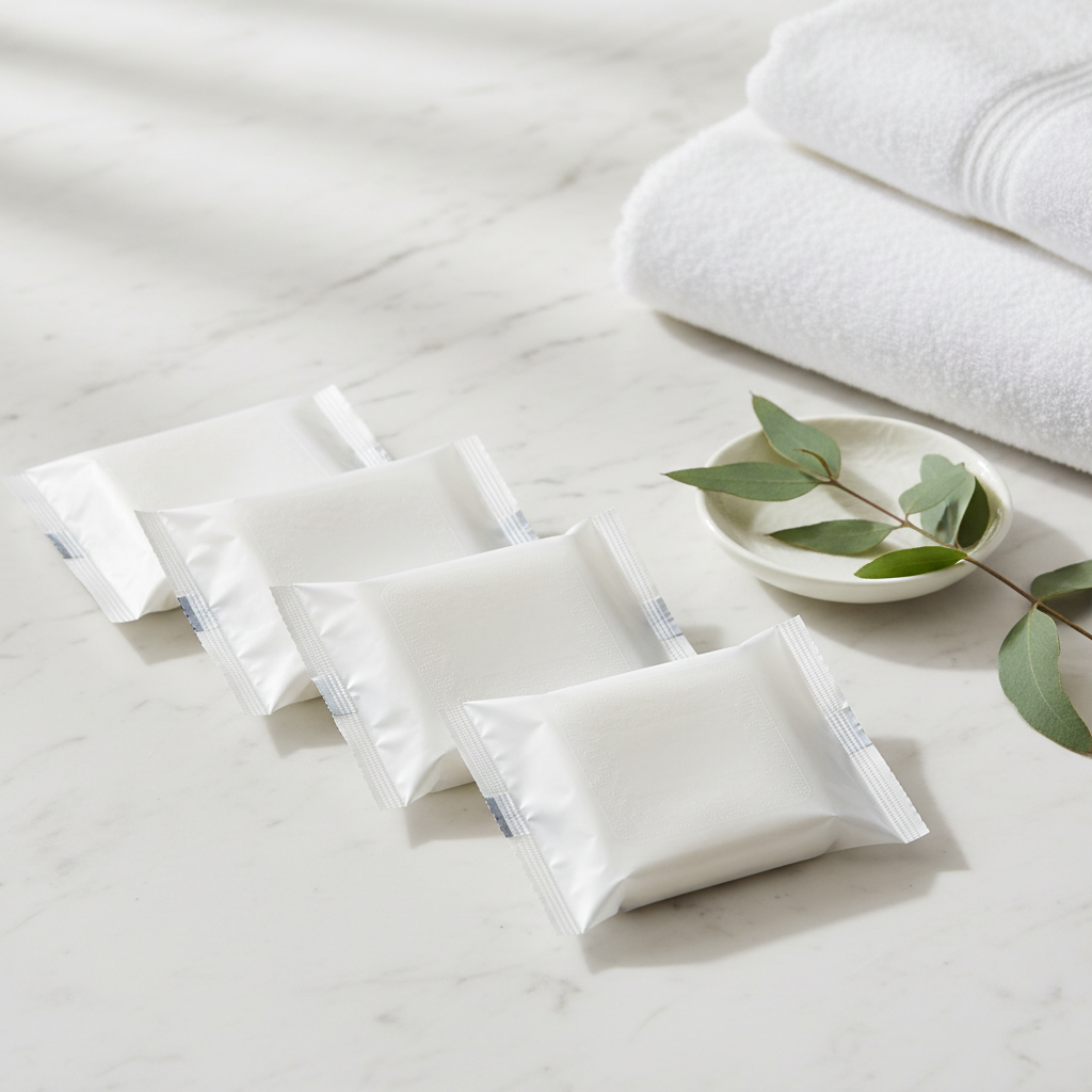 Hotel makeup remover wipes in individual sachet presented in a hotel room bathroom alongside the rest of the amenity kit
