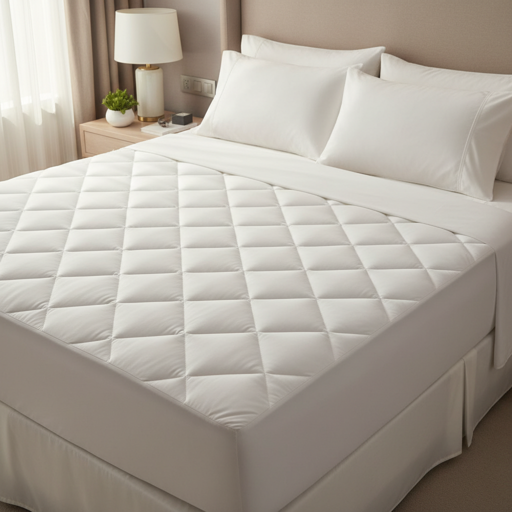 Waterproof hotel mattress protector fitted on a hotel room mattress with white fitted sheet
