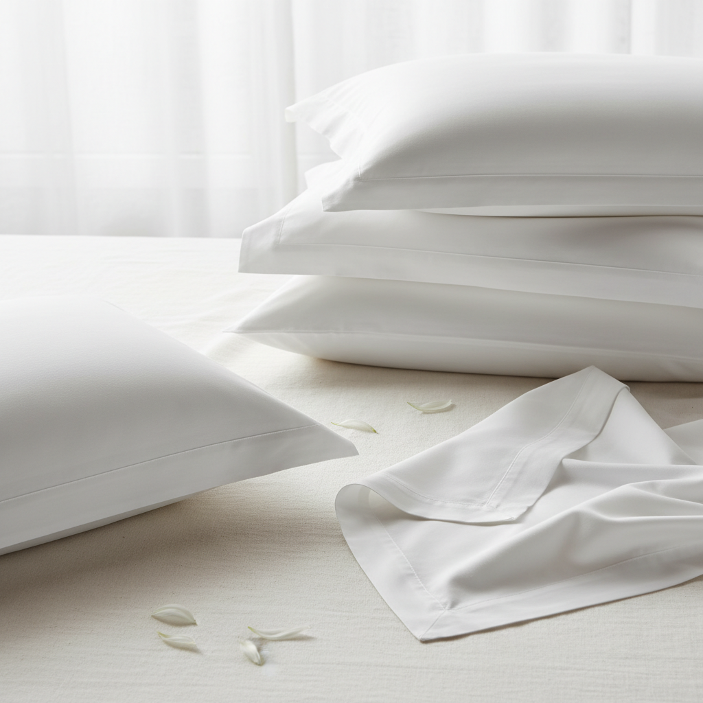White cotton percale pillowcases on a perfectly made hotel bed with well-fitted pillows