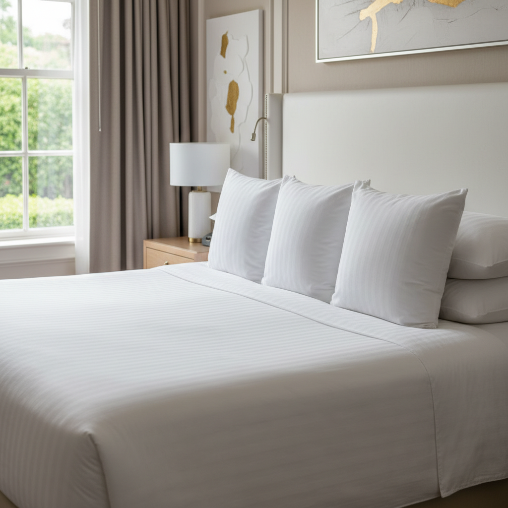 Hotel pillows in different firmness levels presented on the bed of a category hotel room with white pillowcase