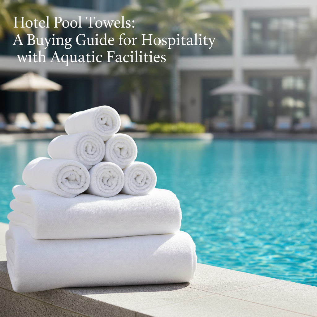White and striped hotel pool towels stacked at an outdoor pool area of a hotel establishment